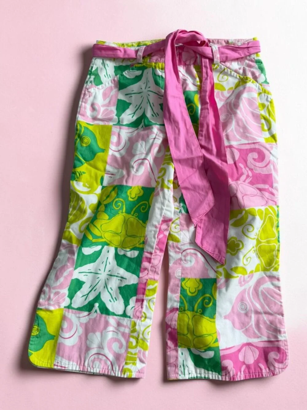LILLY PULITZER Vintage Girls Sea Life Patchwork Patterned Belted Pants Size 6X